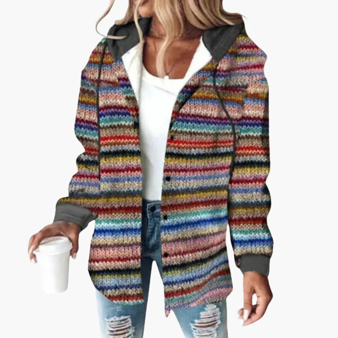 Warm Women's Knit Cardigan with Hood - Elegant Button-Down Cardigan