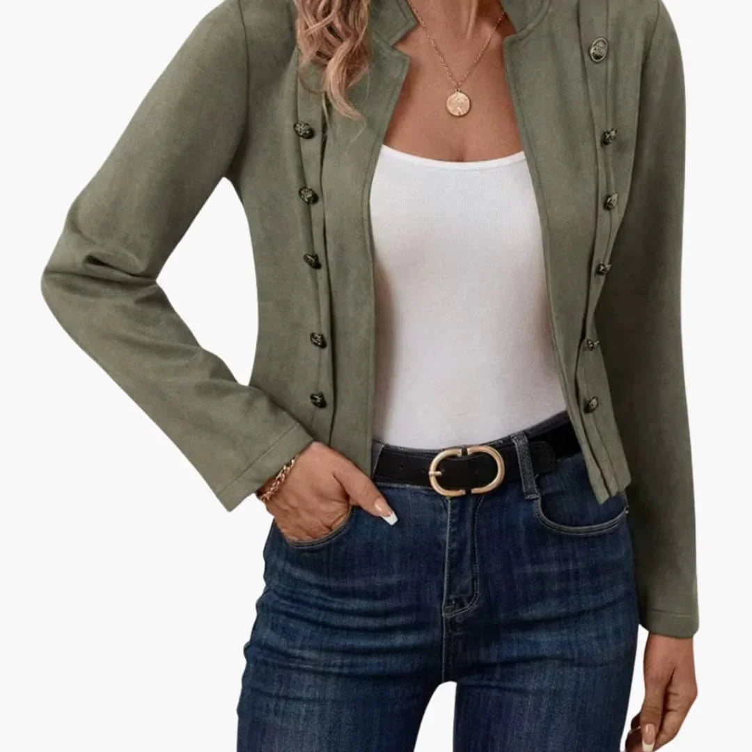 Women's Jacket with Decorative Buttons and Stand-Up Collar