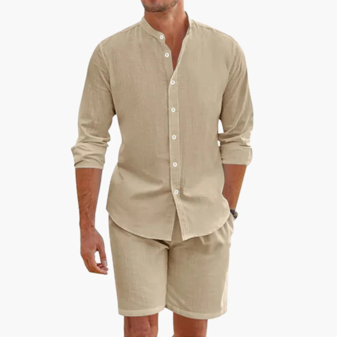 Men's Summer Two-Piece Linen Blend Set with Shirt and Shorts