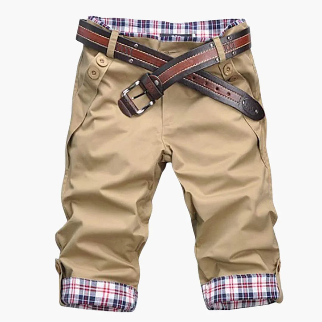 Men's Cotton Shorts with Belt and Check Cuffs Knee-Length