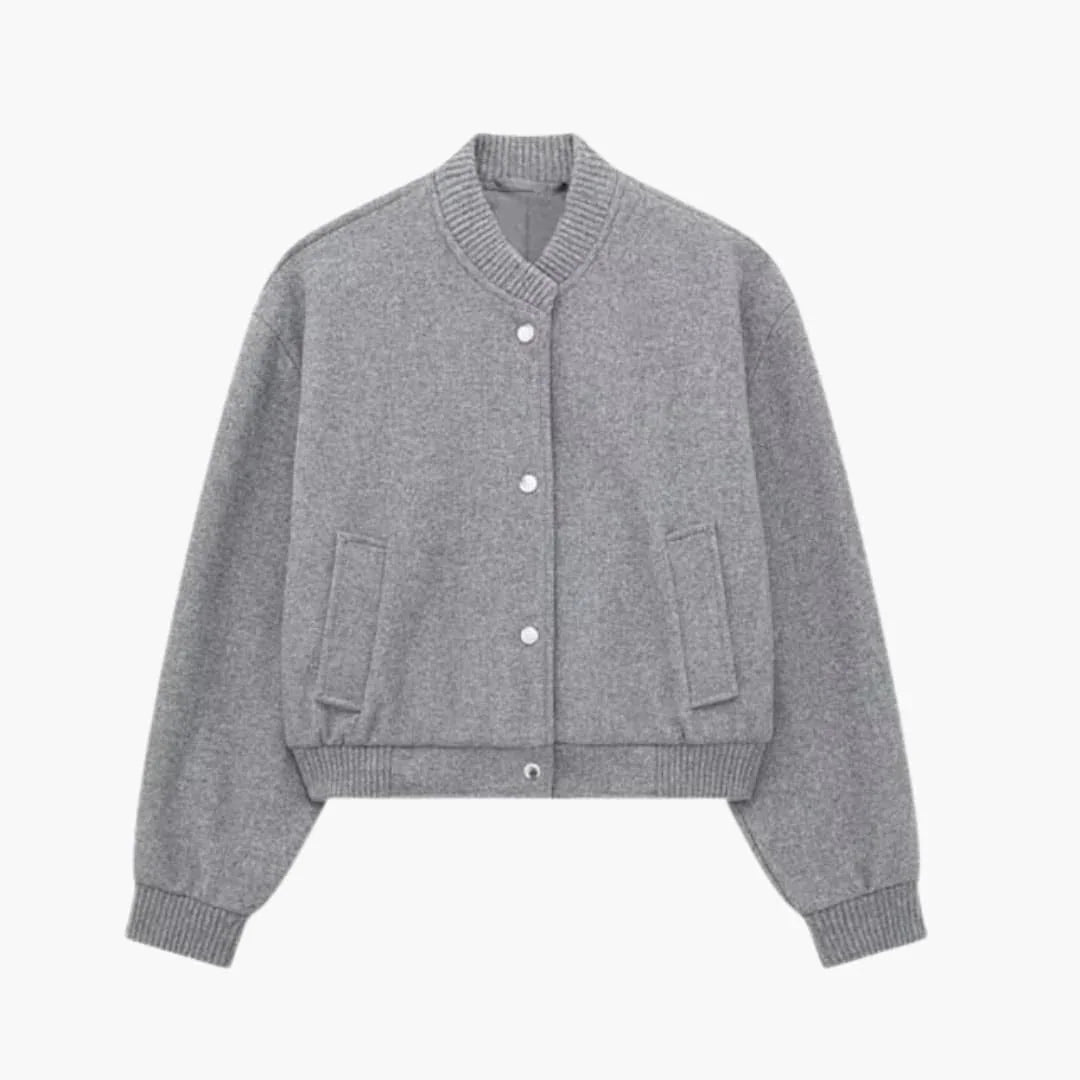 Women's Cropped Bomber Jacket with Button Closure and Side Pockets