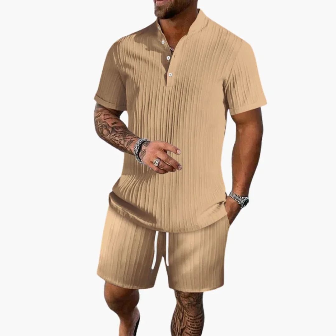 Men's Summer Set with Polo Shirt and Shorts in Ribbed Fabric