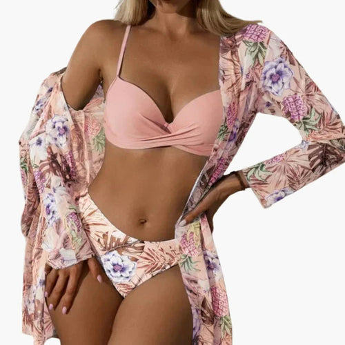 3-Piece Women's Bikini Set - with Kimono and High-Waist Bottom