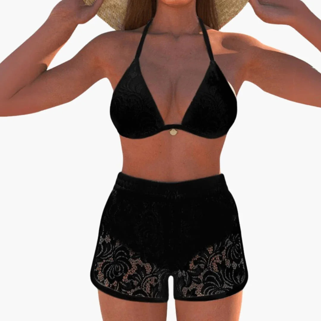 Bavane | Women's bikini set with halter top and lace trim.