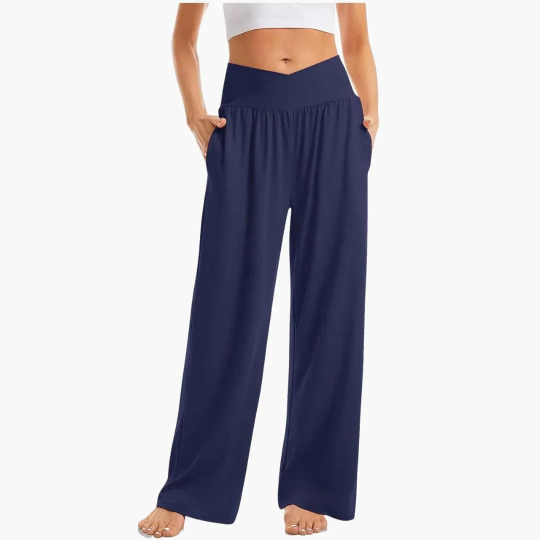 Women's Wide-Leg Pants with Crossed Waistband and Side Pockets