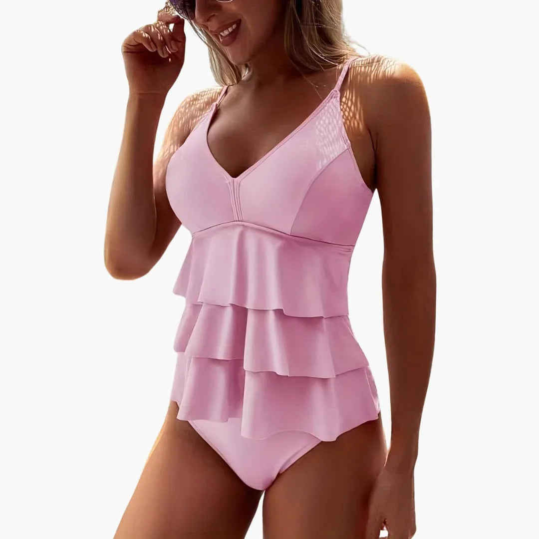 One-Piece Women's Swimsuit with V-Neck and Layered Ruffles.