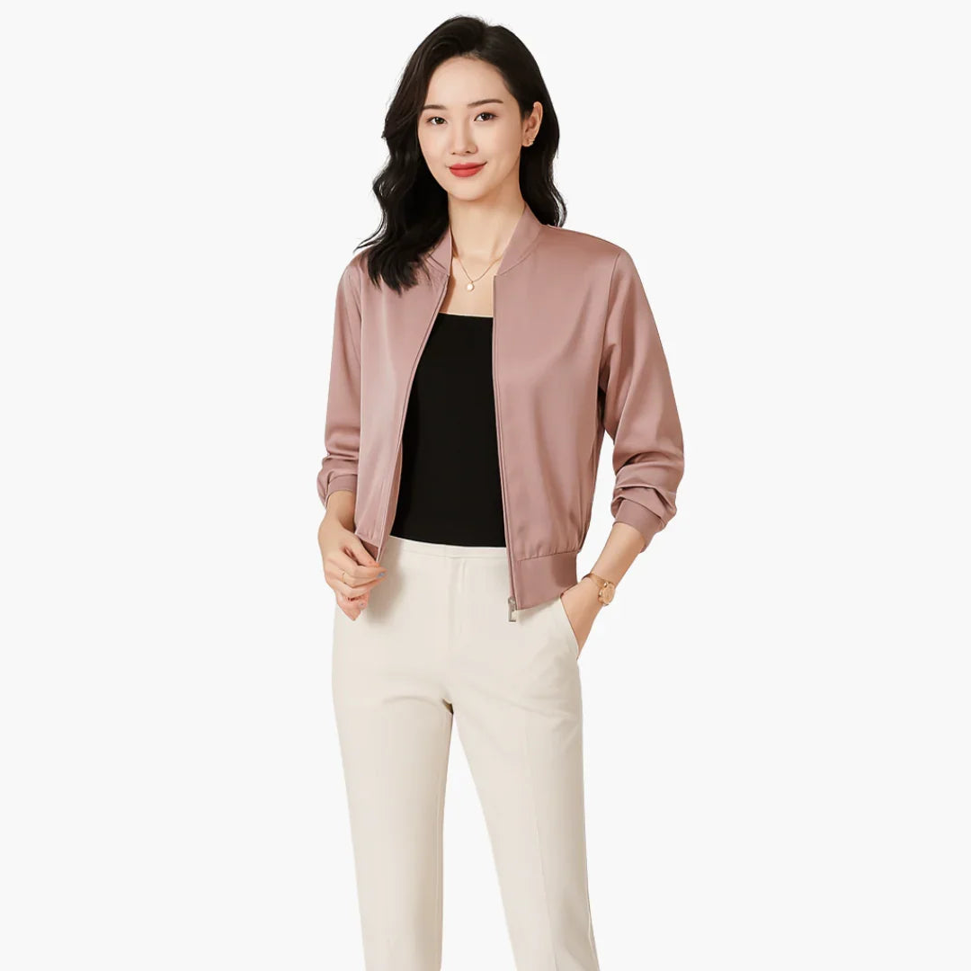 Bavane | Women's Satin Bomber Jacket with Front Zipper