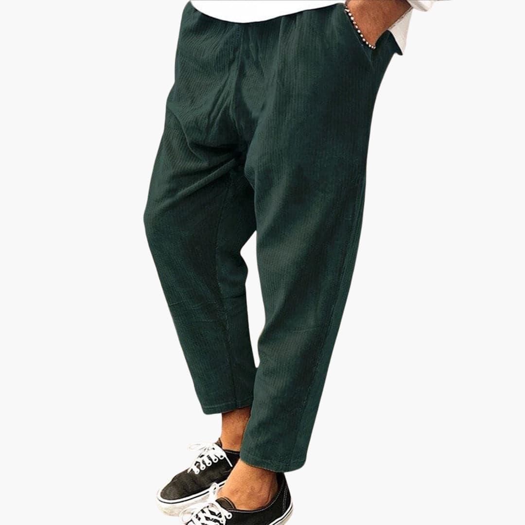 Men's Summer Pants Made of Polyester with Elastic Waistband and Corduroy Texture