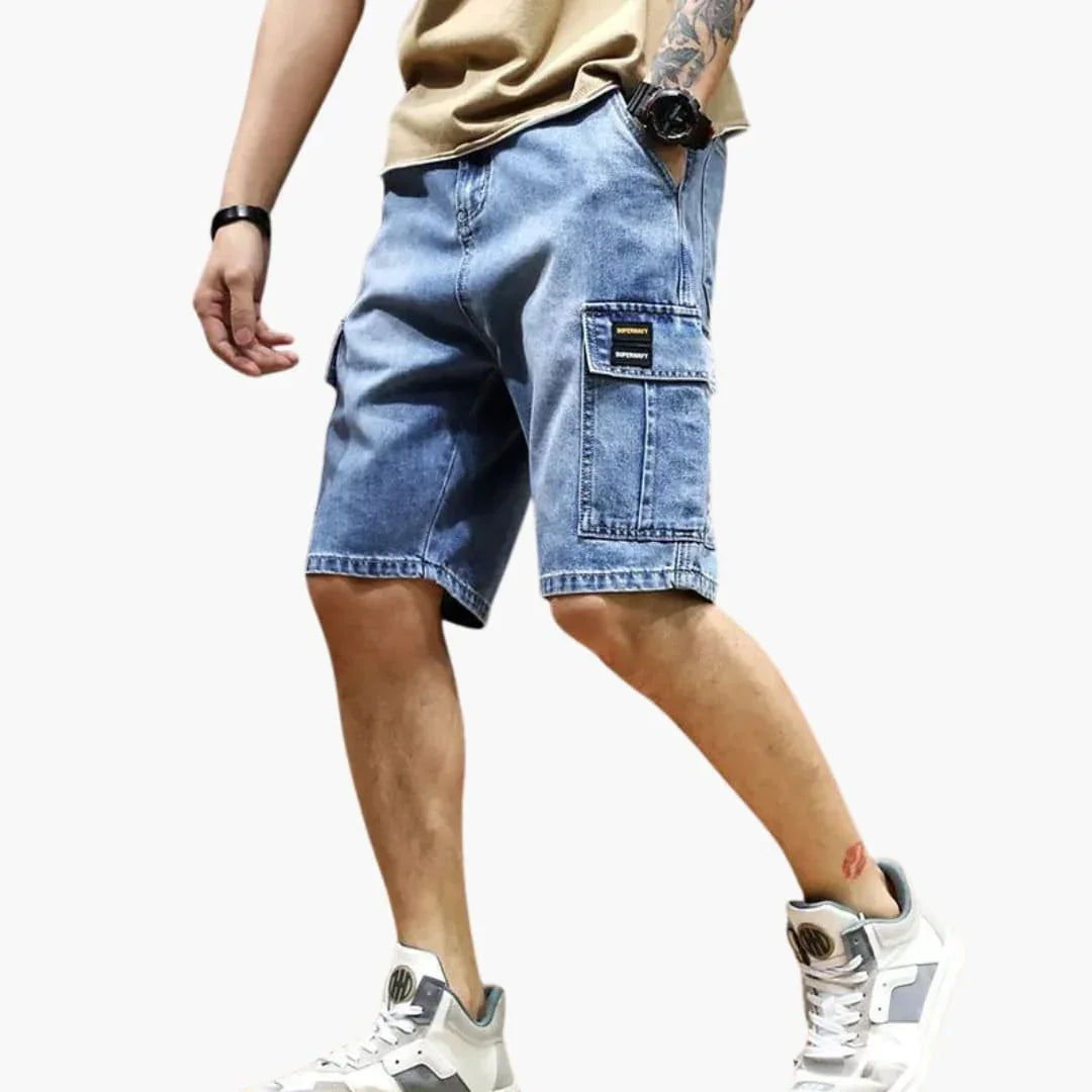 Mens denim cargo shorts with pockets and vintage wash