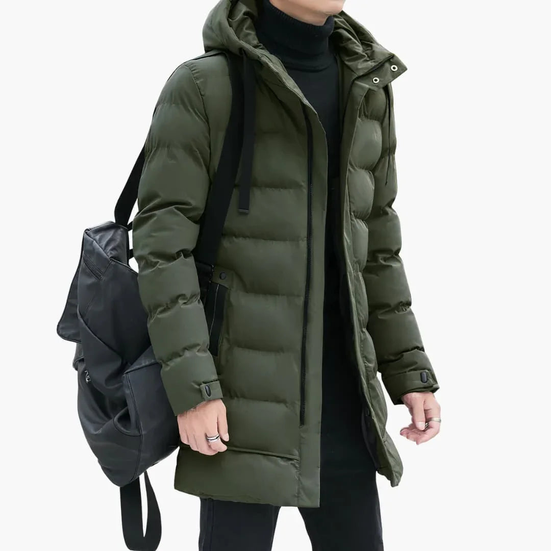 Men's Long Padded Jacket with Hood and Zipper