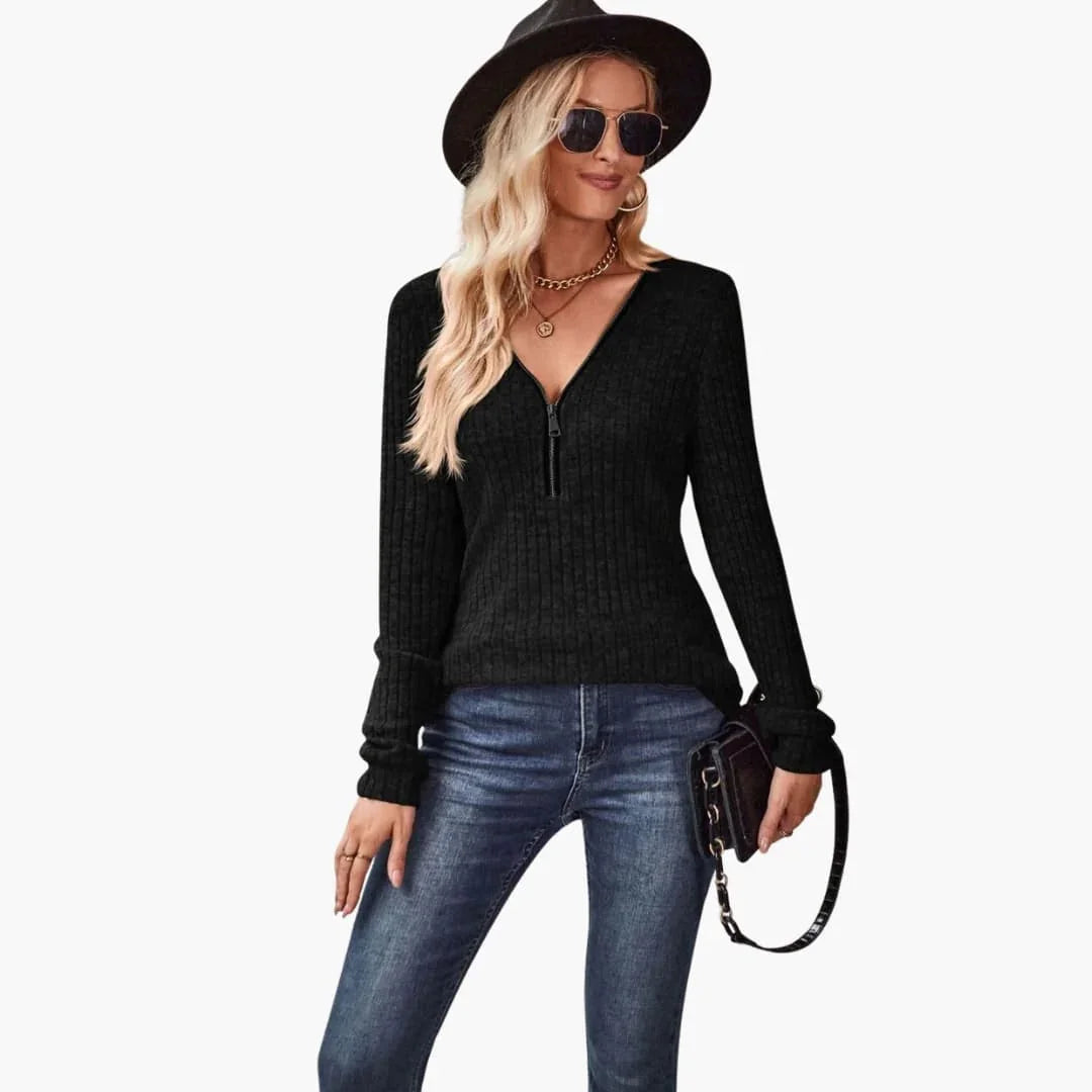 Bavane | Women's Zip-Up Pullover with Ribbed Knit Pattern