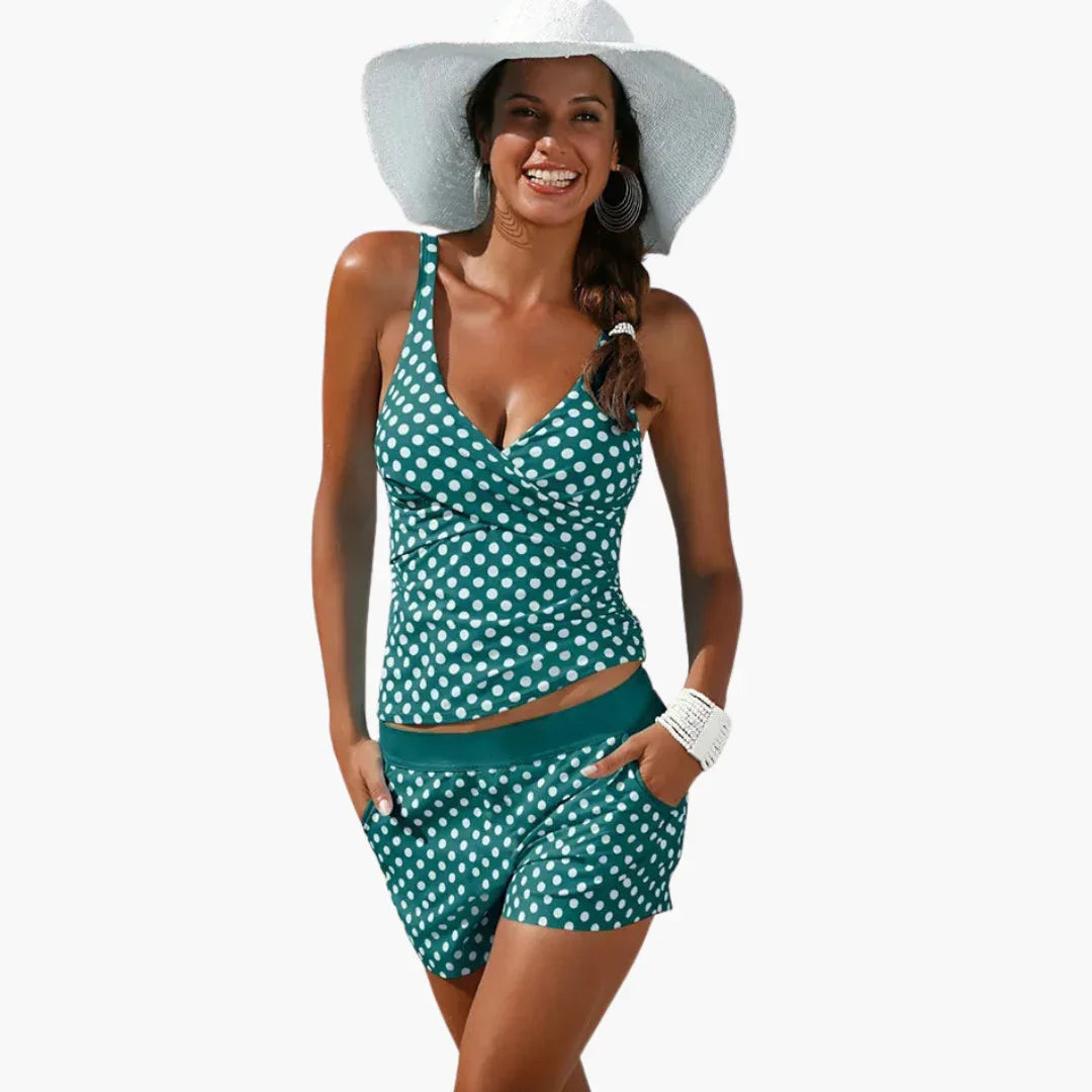 Bavane | Bikini with Polka Dots - Women's Retro Swim Shorts Two-Piece Set