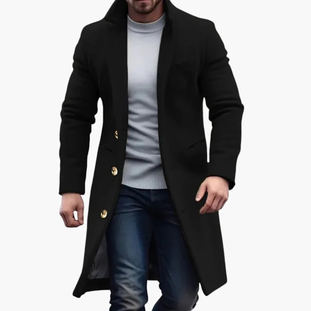 Bavane | Men's Long Coat with Notched Lapel and Button Closure