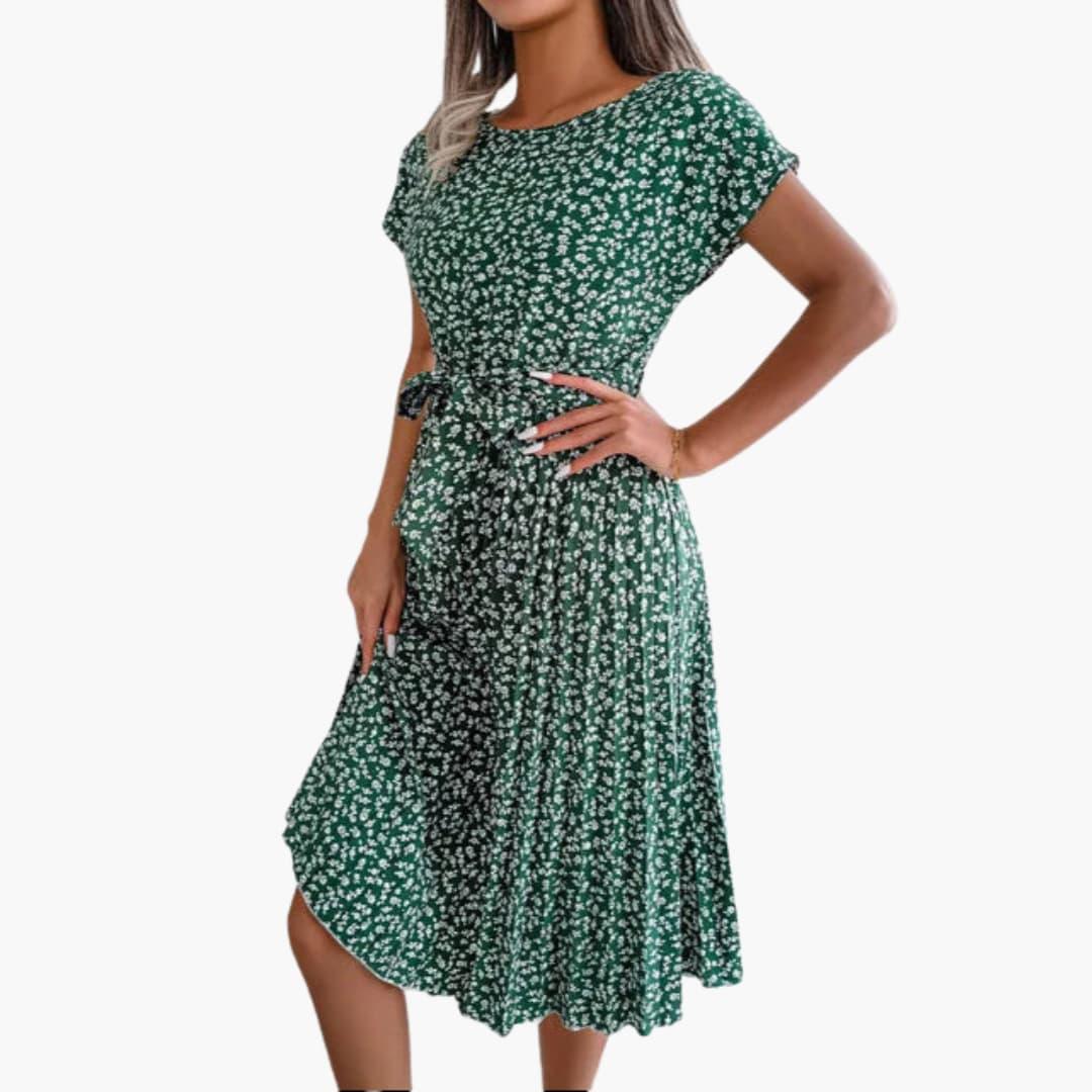Summer Dress for Women - Floral Dress with Belt and Short Sleeves