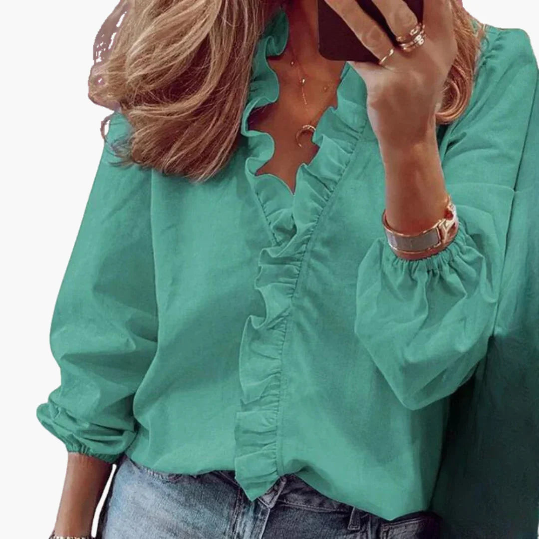 Women's Blouse with Ruffles  V-Neck and Long Sleeves