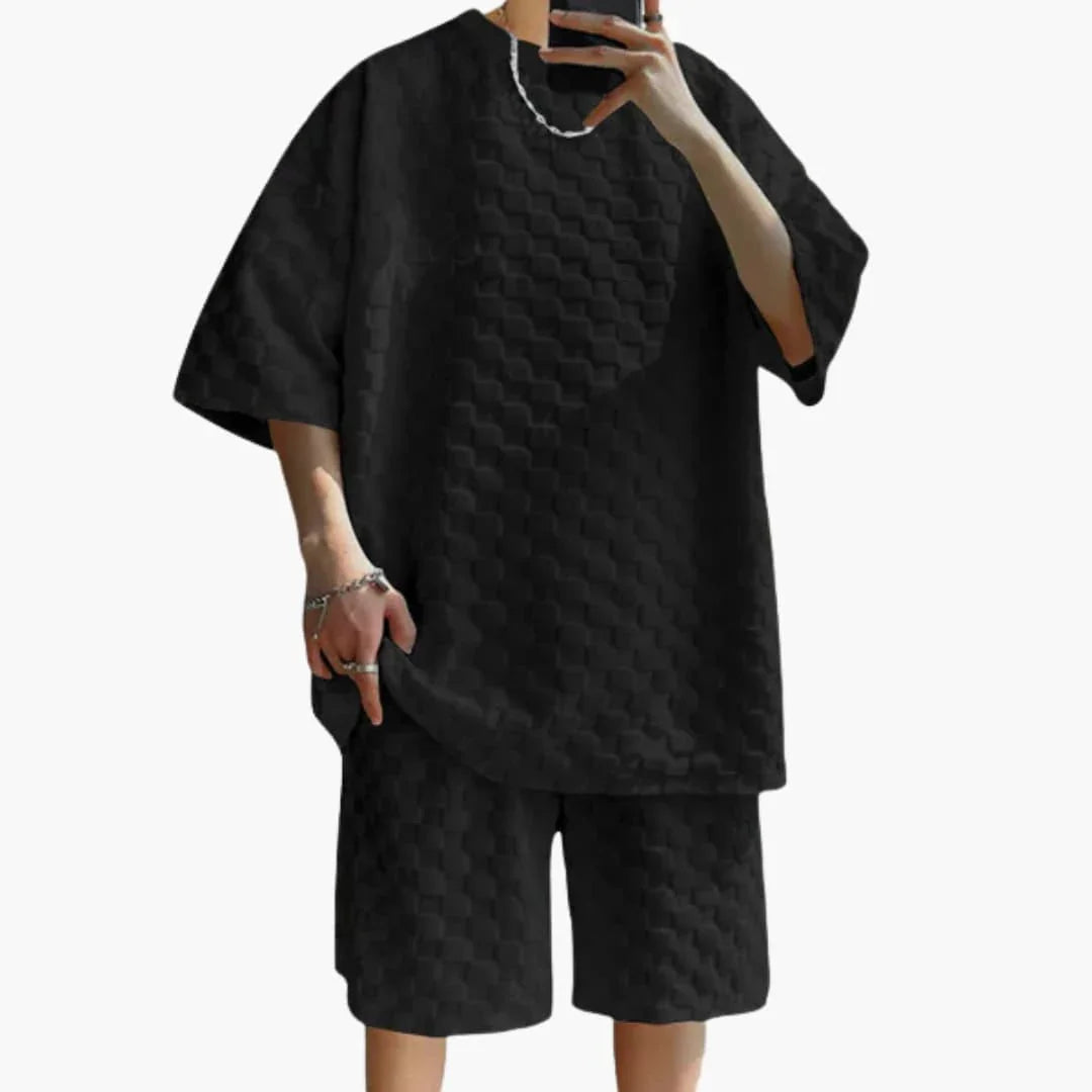 Men's Summer Two-Piece Set with Jacquard Shirt and Shorts