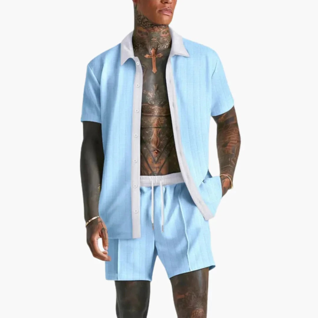 Men's Summer Set with Short Sleeve Shirt and Drawstring Shorts