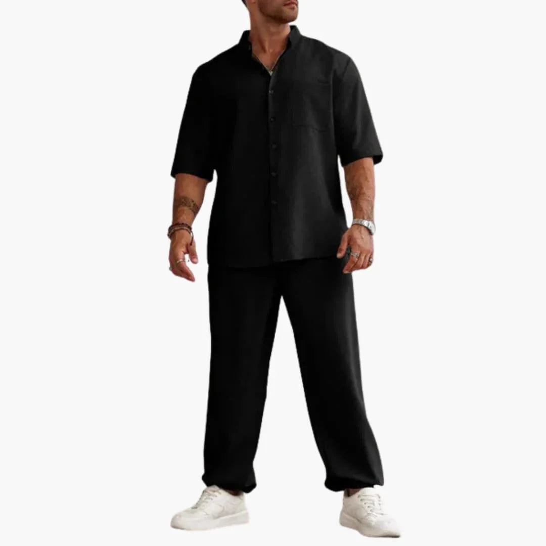 Men's Set with Short Sleeve Shirt and Long Pants for Summer