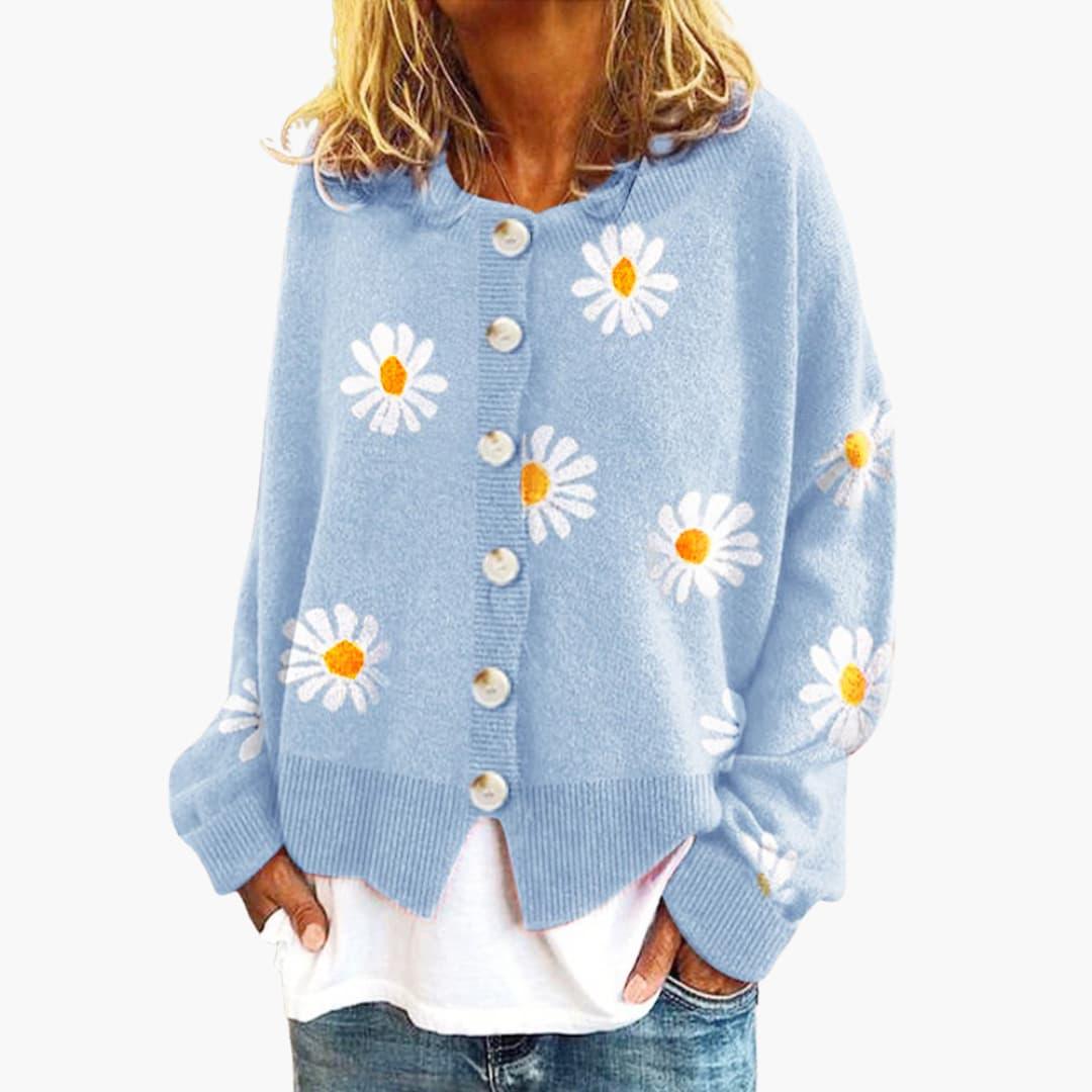 Women's Knitted Cardigan with Button Closure and Floral Pattern