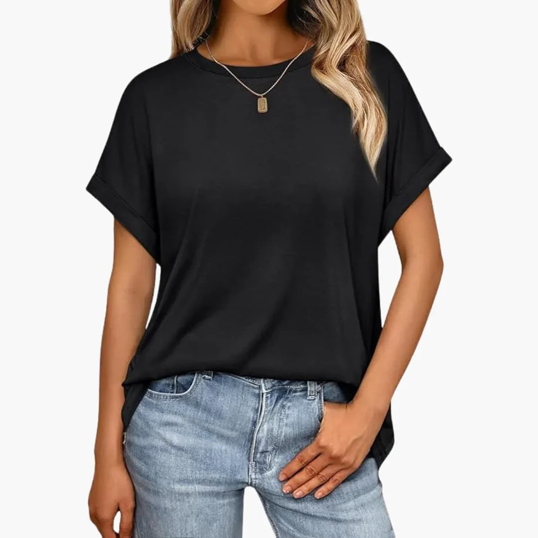 Women's Oversized T-Shirt with Round Neck and Cuffed Sleeves