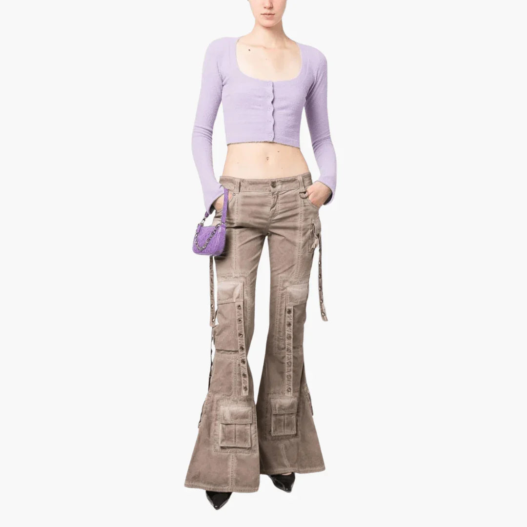 Cargo Pants for Women with Lacing  Beige Flared Pants