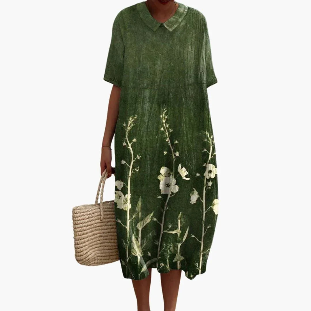 Women's Midi Dress with V-Neck and Short Sleeves