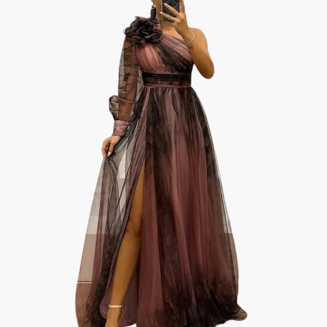 One-Shoulder Maxi Dress with Mesh Print - Women's Evening Wear