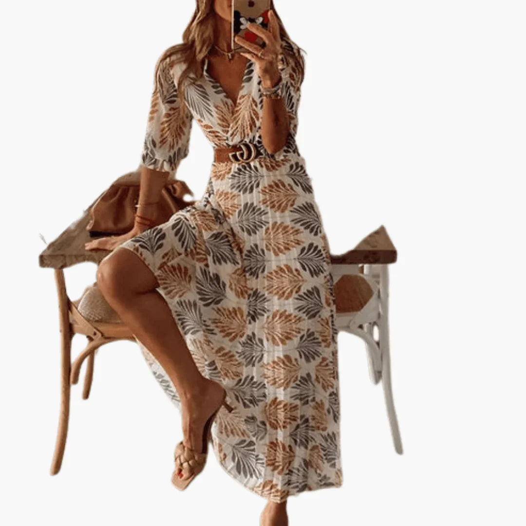 Bavane | Maxi Dress with Belt for Women - Floral & Summery