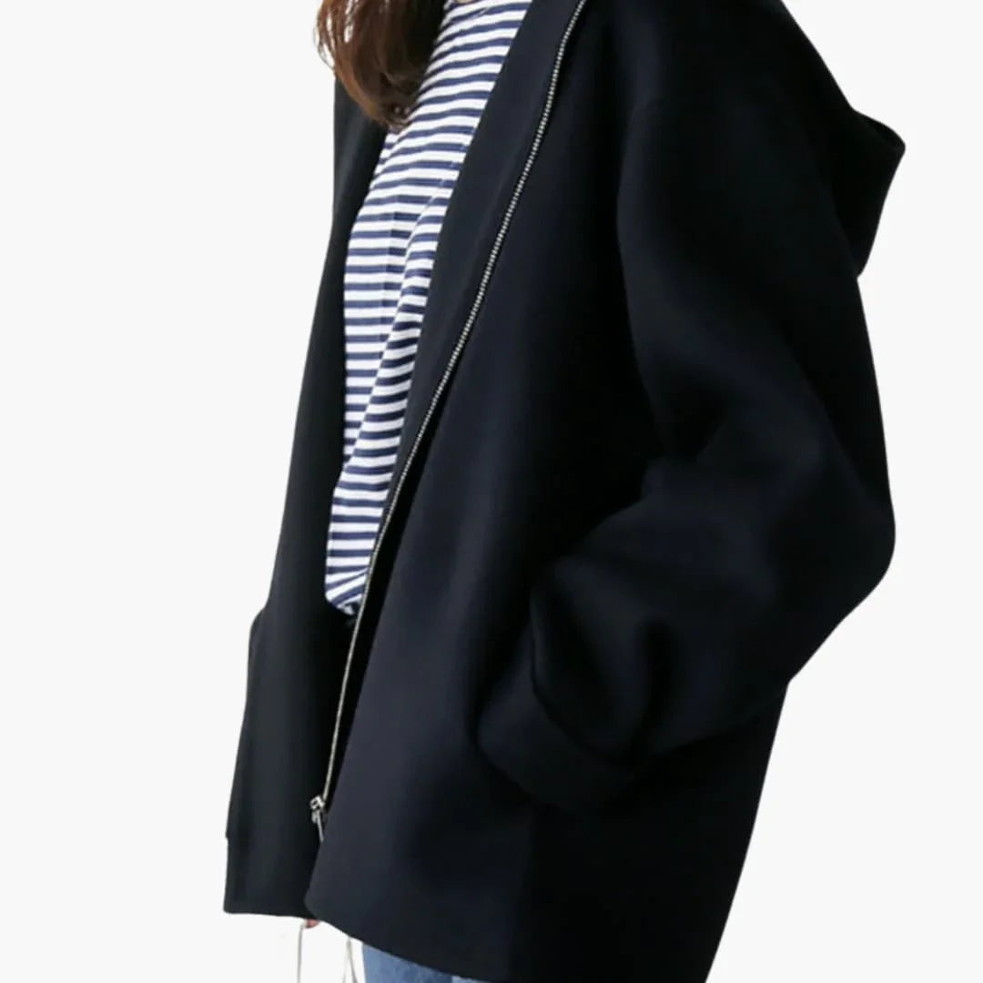 Women's jacket with hood, zipper, and side pockets