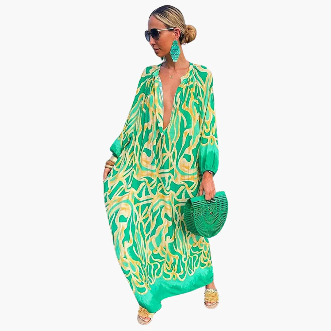 Bavane | Boho Maxi Dress for Women  Green Floral Summer Dress