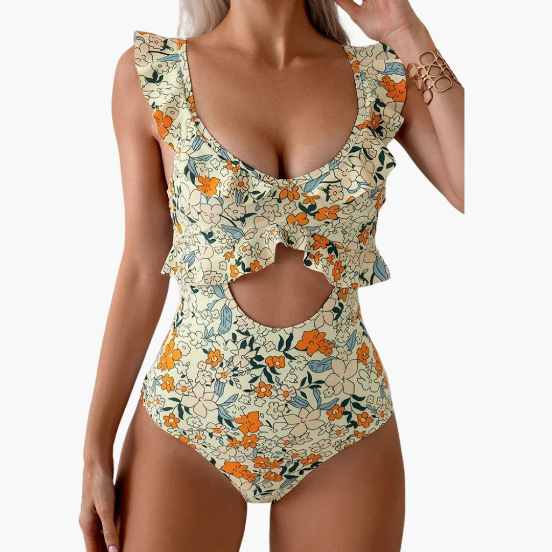 Bavane | Women's Swimsuit - Floral One-Piece with Ruffles & Cut-Out