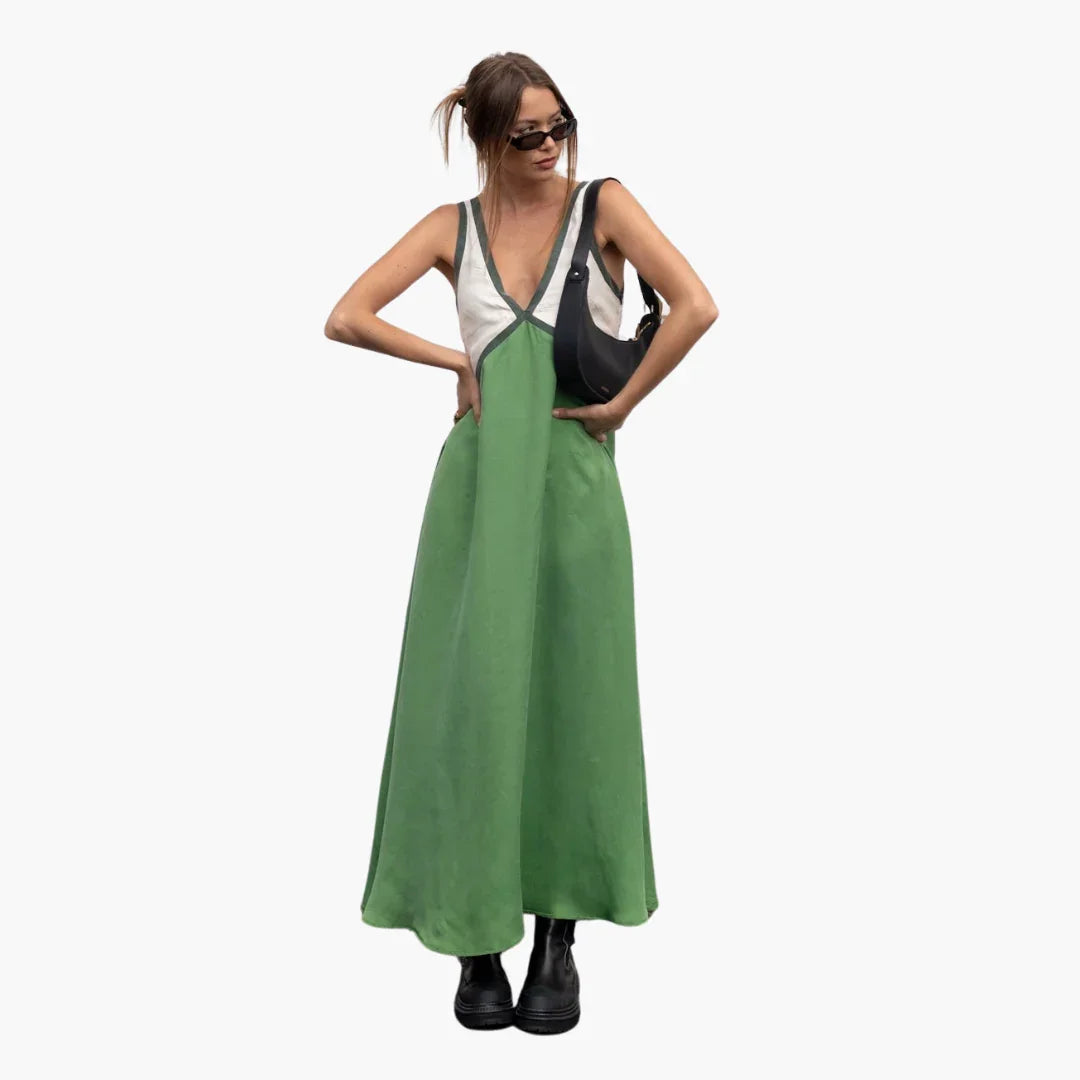 Bavane | Light V-Neck Maxi Dress for Women - Color Block Design