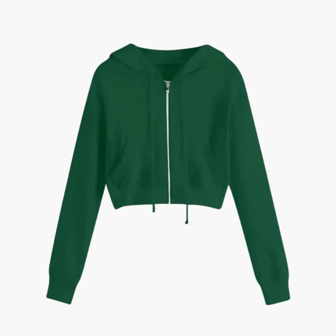 Women's Cropped Hooded Jacket with Zipper and Drawstring
