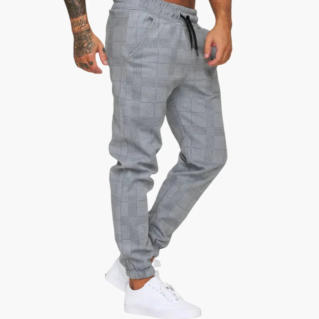 Men's Jogging Pants with Checkered Pattern and Fleece Cuffs