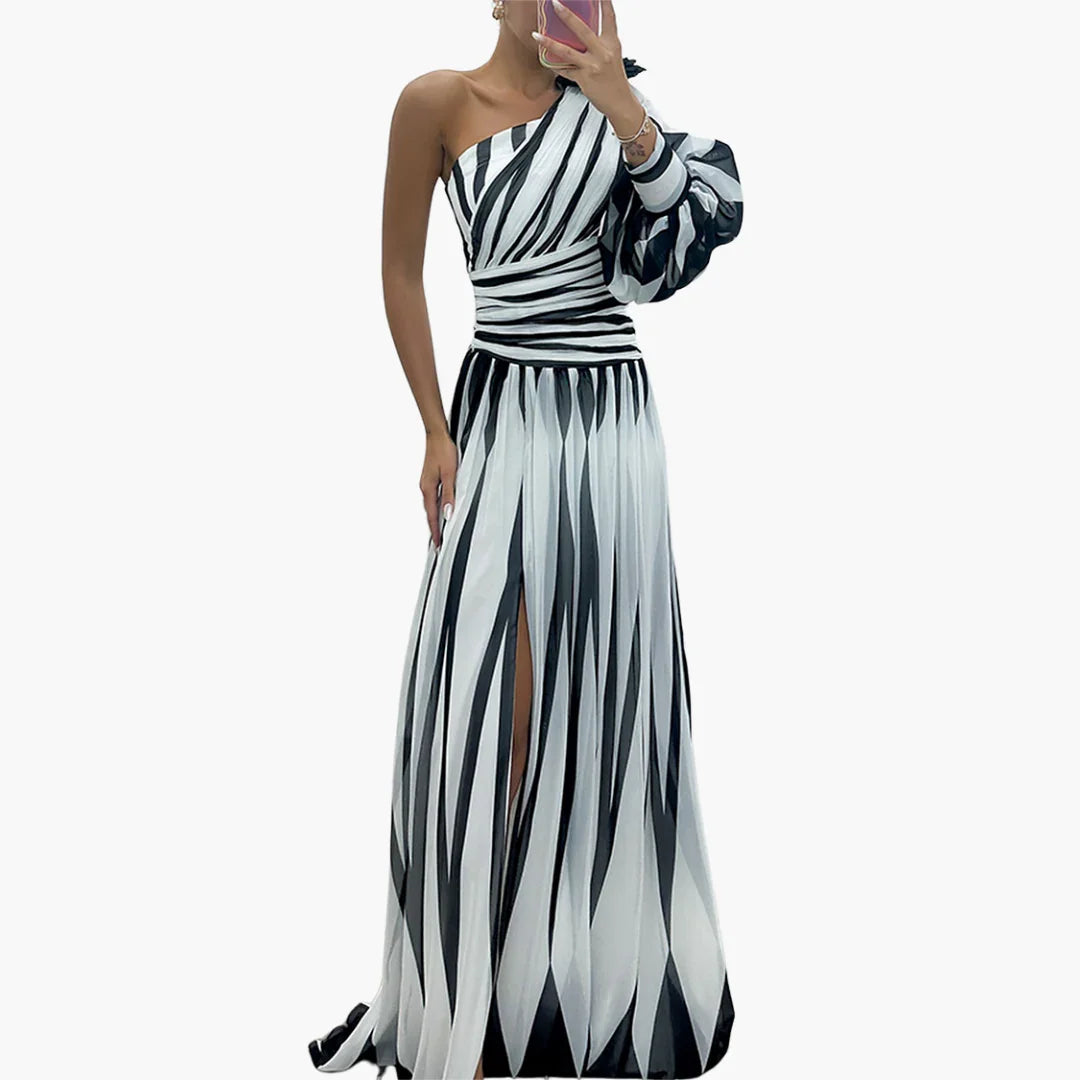 Bavane | Striped One-Shoulder - Women's Maxi Dress with Slit Elegant