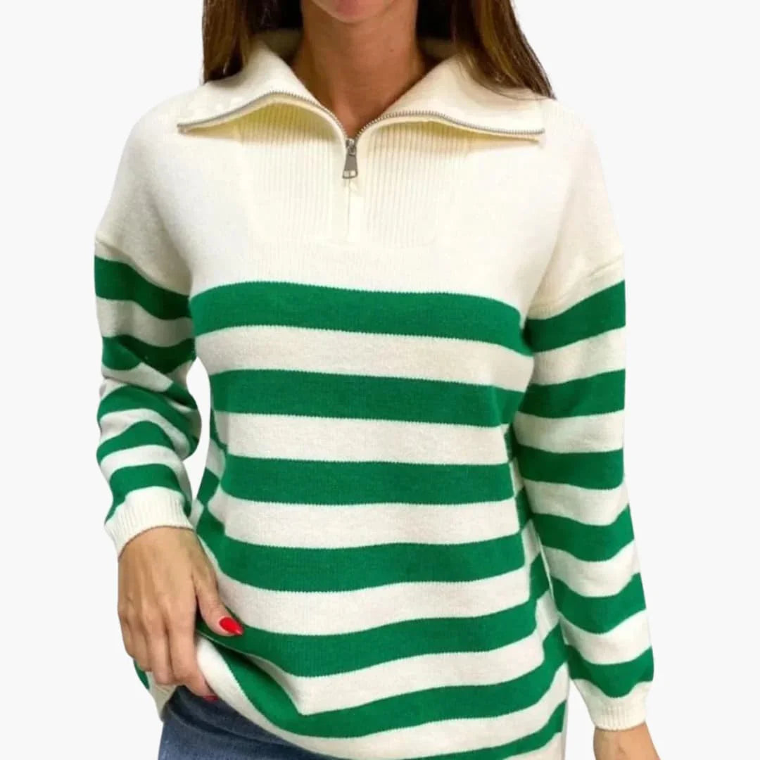 Striped Zip-Up Sweater for Women with Stand Collar