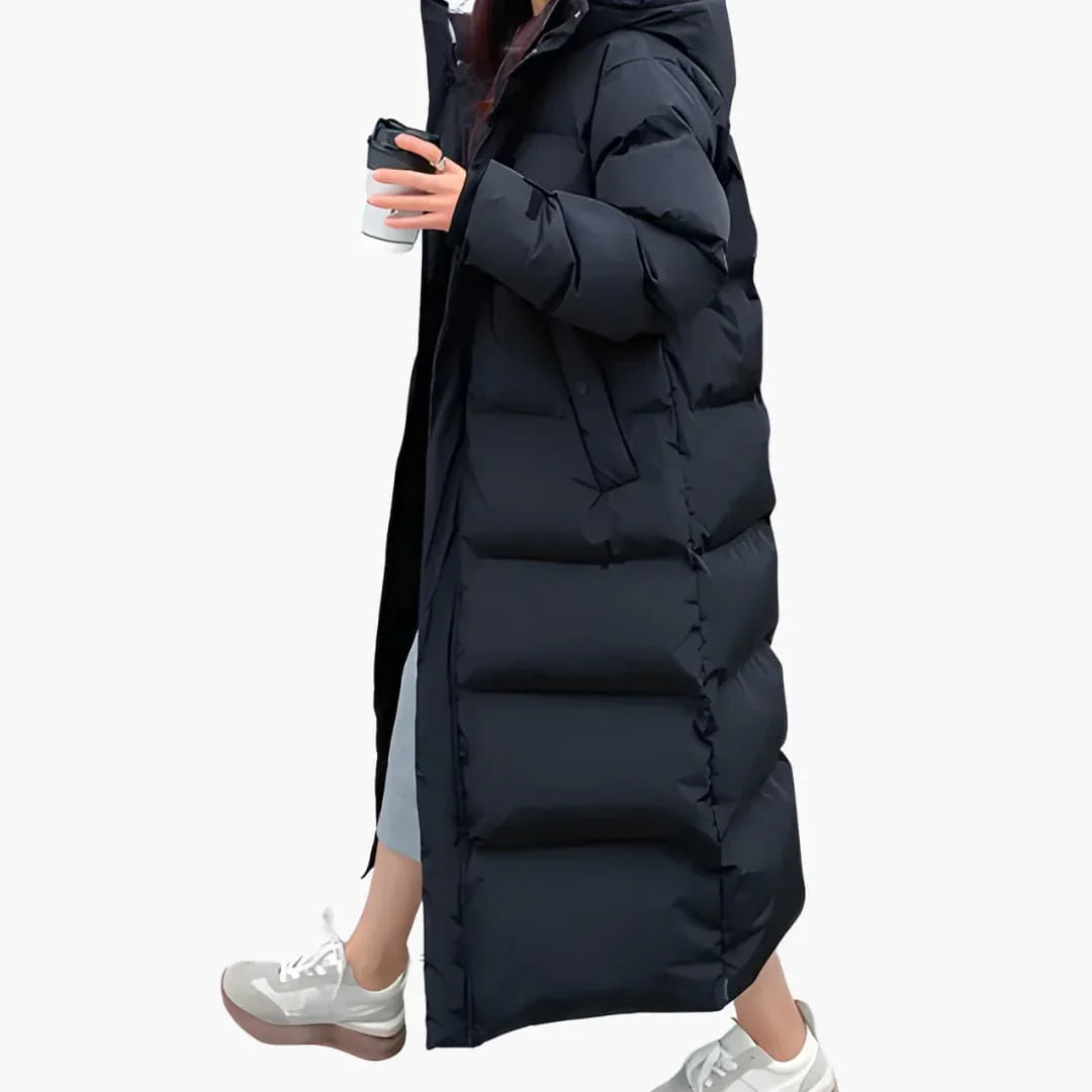 Women's Long Down Coat with Hood and Concealed Closure