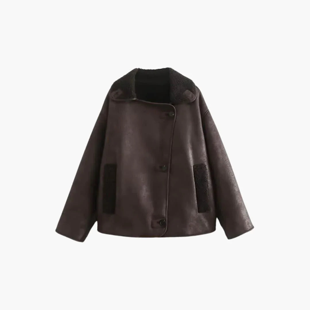 Elegant Women's Leather Jacket in Brown  Warm and Long-Sleeved