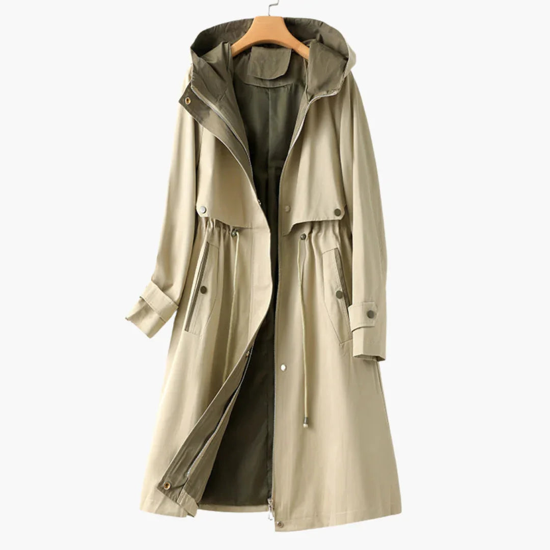Women's Trench Coat with Hood and Zipper