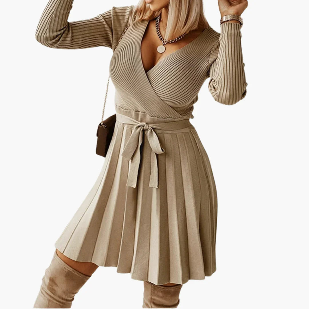 Bavane | Knitted Dress with Belt for Women  Elegant and Pleated
