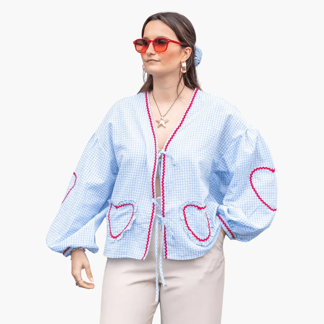 Bavane | Women's Gingham Blouse with Heart Pockets  Summer Blouse