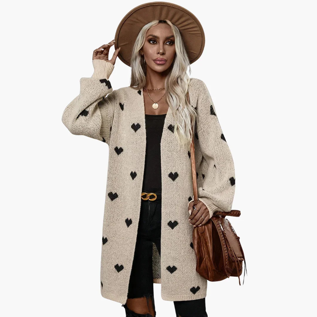 Women's Open Front Cardigan with Heart Pattern