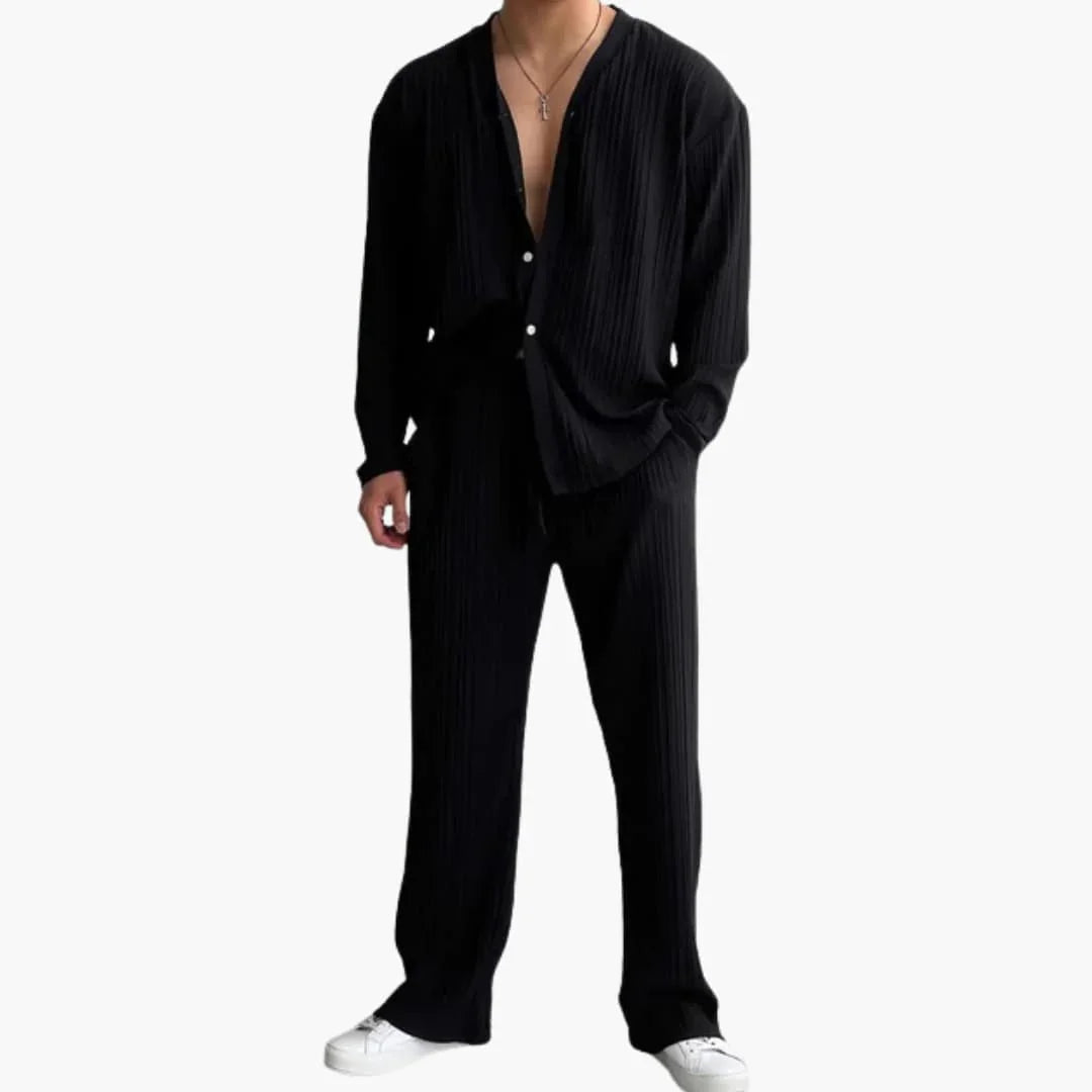 Men's Pleated Structure Set with Long Sleeve Shirt and Pants