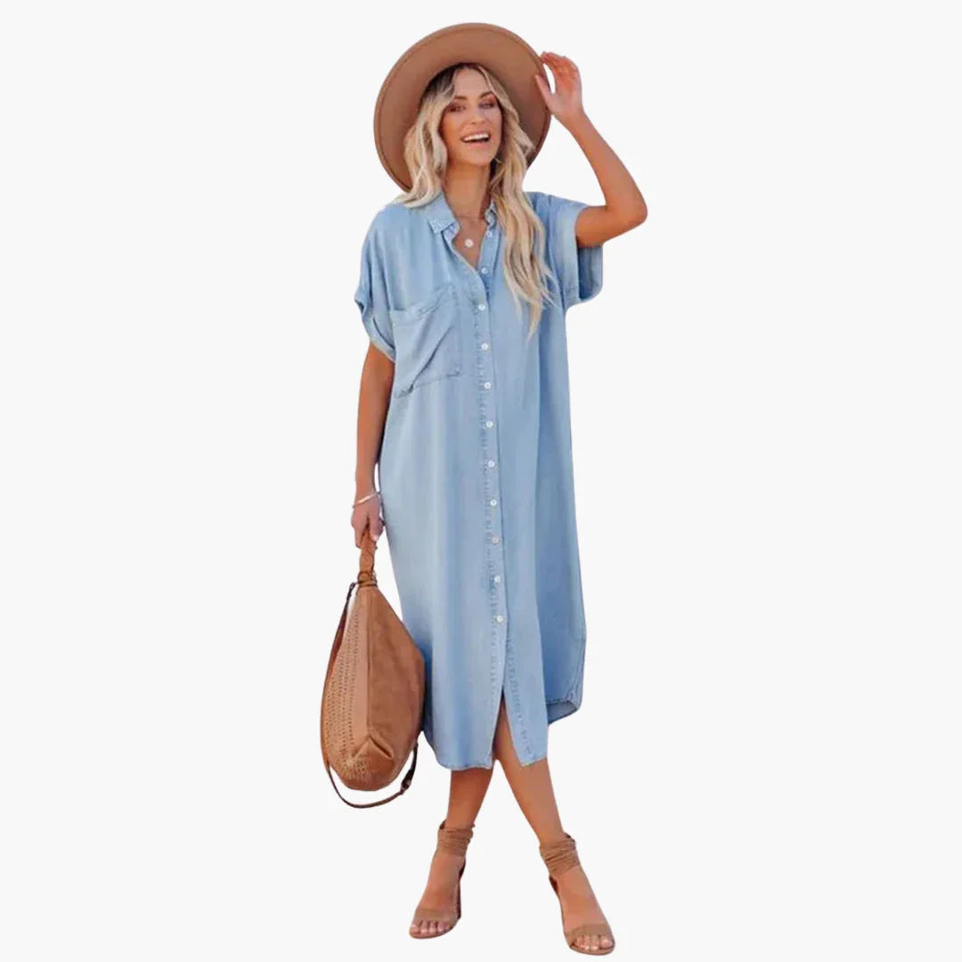 Bavane | Denim Shirt Dress for Women  Casual, Button Placket, Short Sleeve