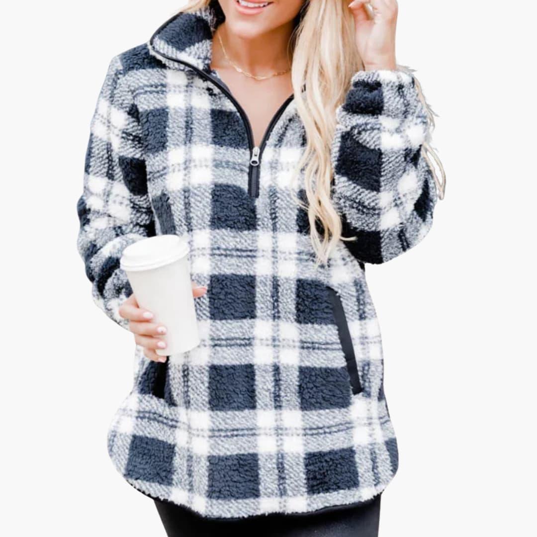 Bavane | Women���s Fleece Pullover with Zipper and Checkered Pattern