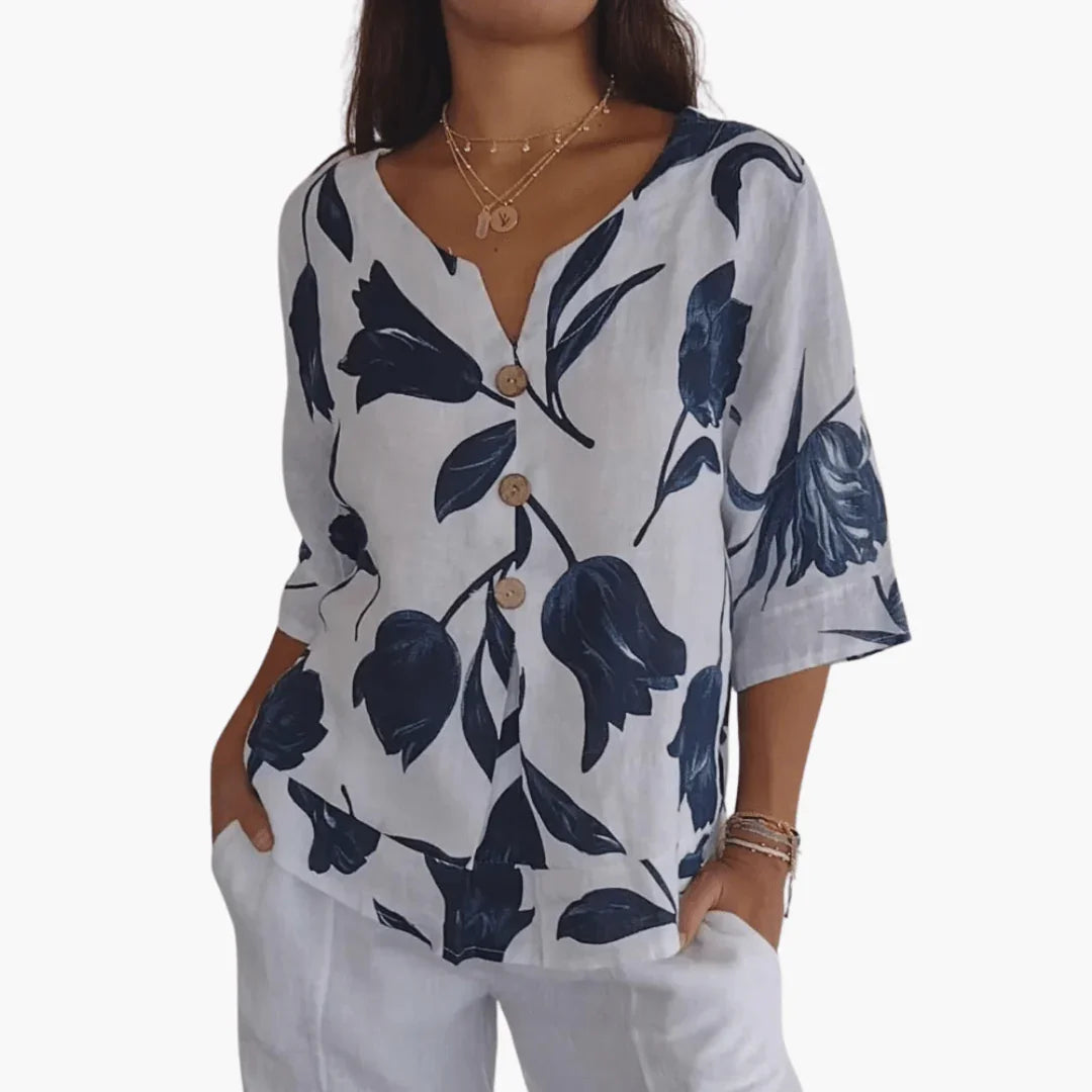 Bavane | Women's Blouse with Floral Pattern  Summer V-Neck Top