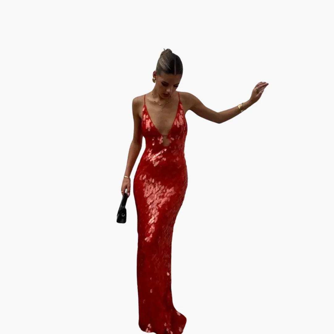 Bavane | Sequin Evening Dress for Women - Maxi with V-Neck