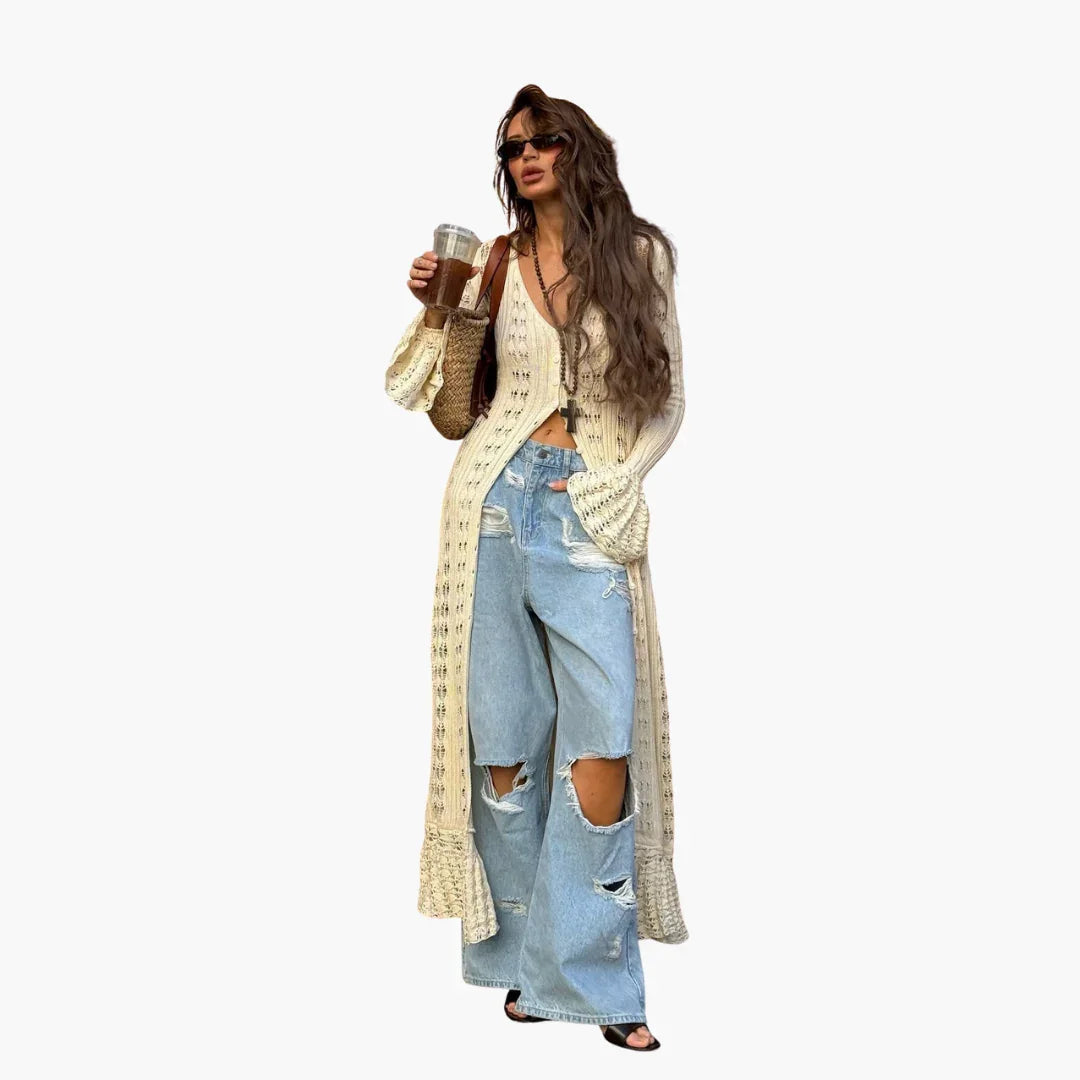 Bavane | Women's Long Cardigan with Open Front and Flared Sleeves