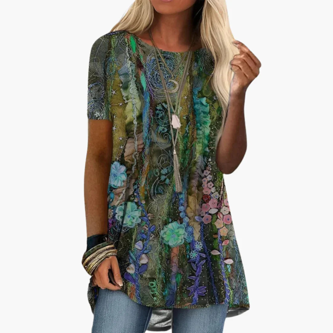 Bavane | Floral Blouse for Women - Short Sleeve, Multicolored, Elegant