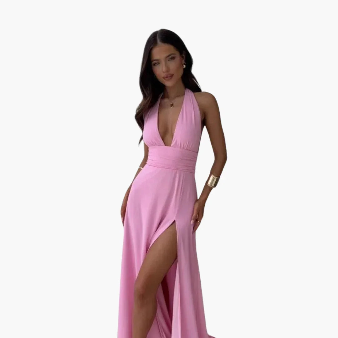 Bavane | Maxi Dress with Slit & Halter Neck - Women's Evening Wear